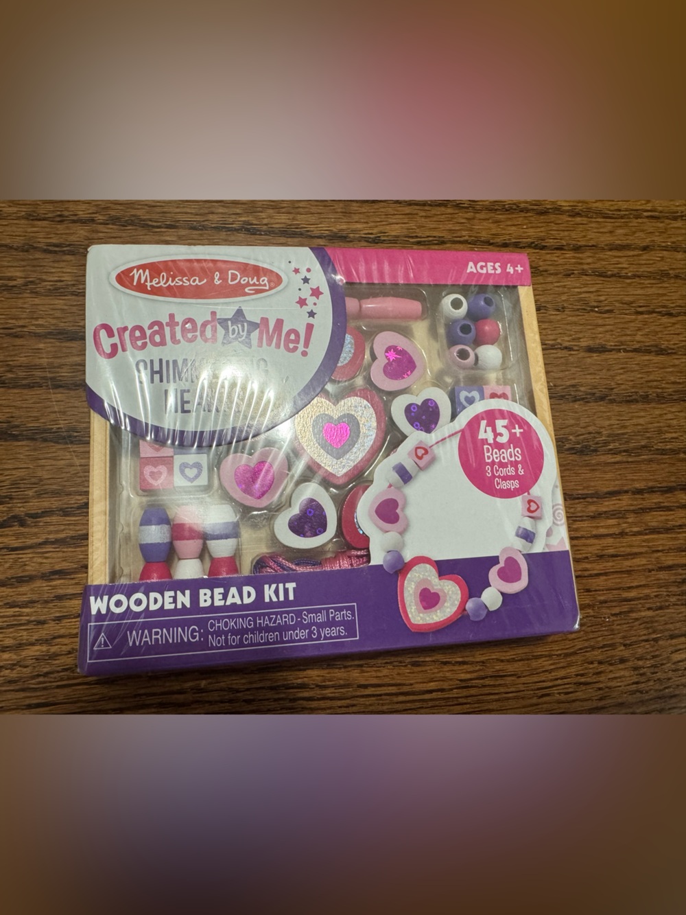 New Melissa & Doug Pink Purple Heart Wooden Bead Kit